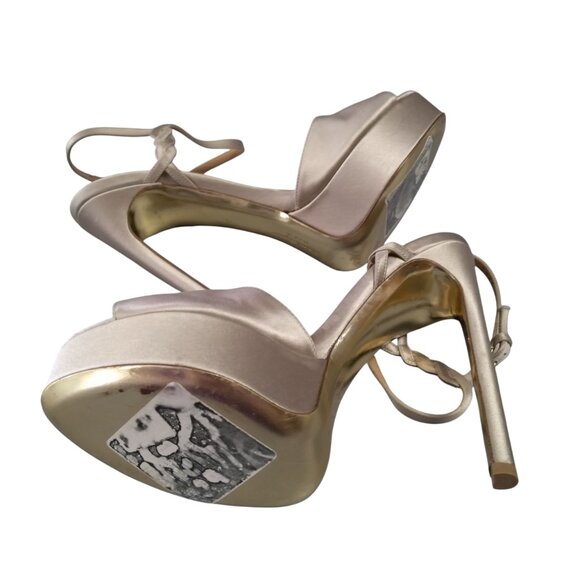 Salvatore Ferragamo Size 9M Gold Satin Ankle Strap Platform Sandals Stilettos - Picture 9 of 11
